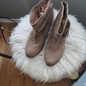 Taupe Suede Heeled Boots with Fringe Detail